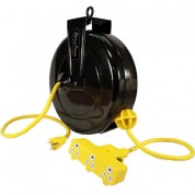 Stage Ninja 14-awg 3-outlet Retractable Power Reel With Circuit Breaker (yellow Cord, Black Steel Housing, 30')