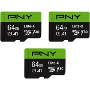 Pny 64gb Elite-x Uhs-i Microsdxc Memory Card With Sd Adapter (3-pack)