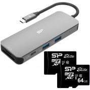 Silicon Power Sr30 8-in-1 Docking Station And 64gb Elite Uhs-i Microsdxc Memory Card 2-pack Kit