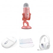 Logitech Blue Yeti For Aurora Collection Usb Mic Kit With Mouse, G713 Wired Keyboard, And Headset (pink Dawn / White Mist, Gx Blue Switches)